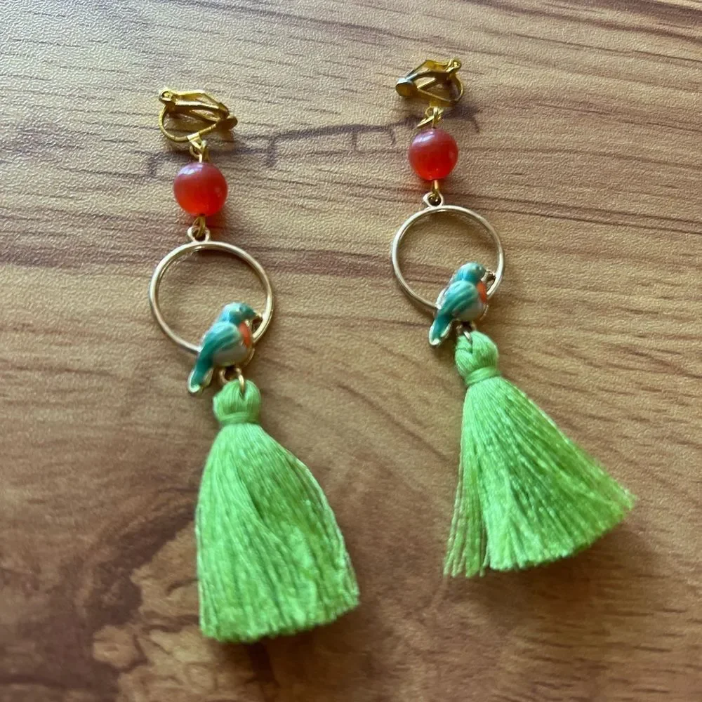 Green and Gold Parrot Tassel Clip On Earrings